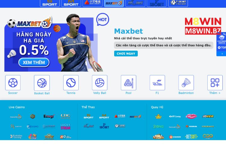 Cá cược thể thao đổi thưởng tại nhà cái M8Win với sảnh Maxbet